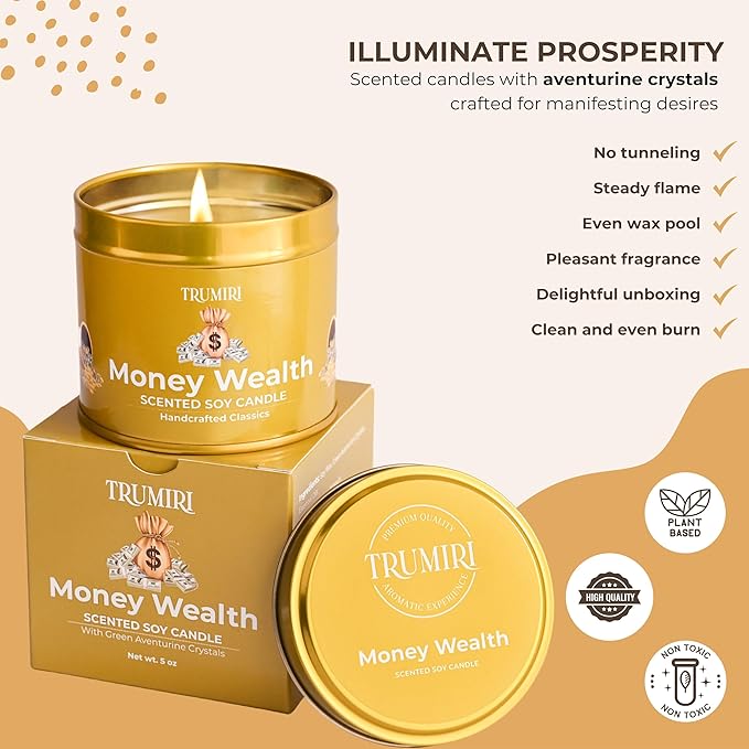 Money Wealth - Crystal Candles for Home Scented - 5oz Soy Wax Natural Clean Organic Non Toxic with Essential Oils - for Real Cash Luck Manifestation Aromatherapy Gift Bathroom - Long Lasting Candel TRUMIRI