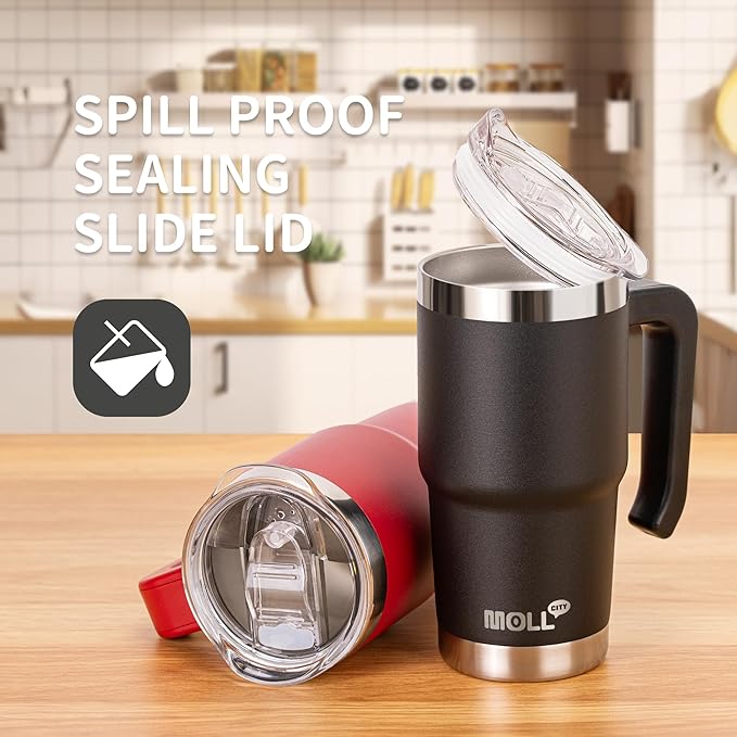 Travel Coffee Mug with Handle-16 oz Stainless Steel Vacuum Insulated Tumbler with Lid and Straw-Reusable Metal Cup with Silicone Pad, Leak Proof-BPA Free (Black) - Bloomnest