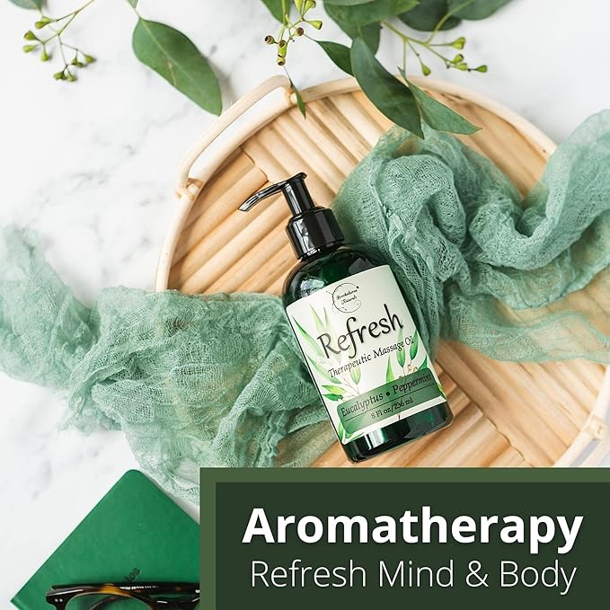 Refresh Massage Oil for Massage Therapy with Eucalyptus & Peppermint Essential Oils - All Natural Sore Muscle Relief. Ideal for Full Body Relaxation – Nut Free Formula 8oz - Bloomnest