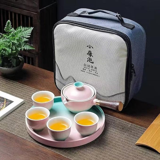 Ceramic Portable Travel Tea Set, Chinese Kungfu Tea Set with 360 Rotation Teapot and Infuser, 4 Tea Cups, Tea Tray And Travel Bag (Peach Red)