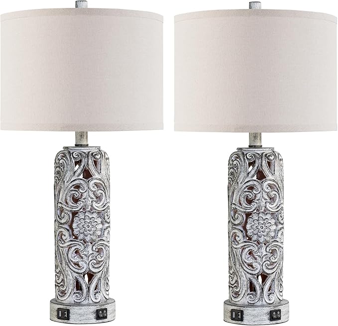 25'' Set of 2 Farmhouse Table Lamps with 2 USB Ports for Living Room Bedroom, Rustic Vintage Table Lamp with Nightlight, Earthy Yellow Hollow Out Resin Lamp for End Table, 2 Bulbs Included - Bloomnest