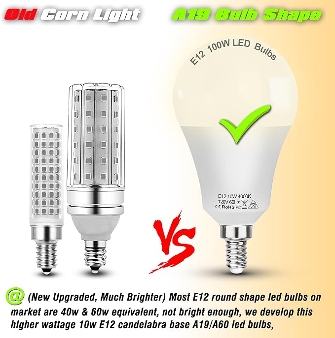 E12 A19 A60 LED Ceiling Fixture Light Bulbs 100 Watt Equivalent,Bright E12 Small Candelabra Screw Base Globe Shape LED Chandeliers Pendant Bulbs 10W 1200lm, 4000k Natural White, Non Dimmable,3Pcs - Bloomnest
