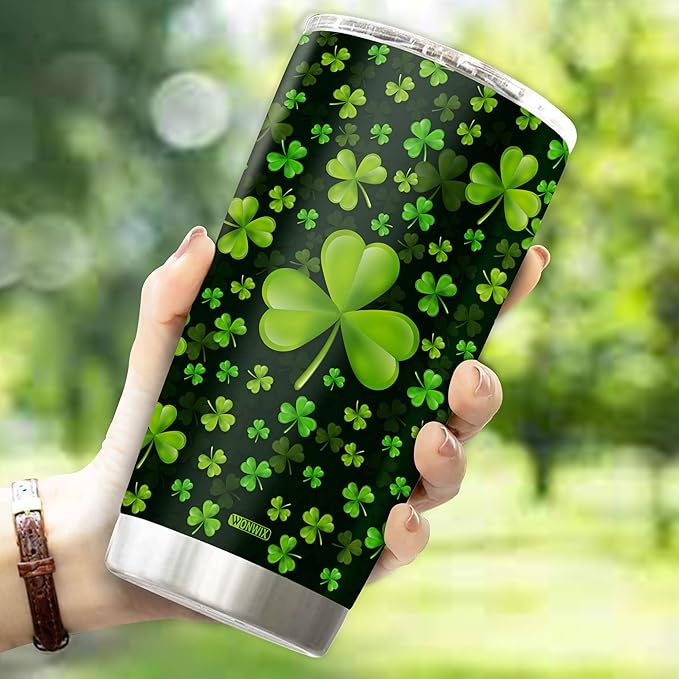 Personalized Green Irish Shamrocks Tumbler For Women with Lid Insulated 20 oz Stainless Steel Water Bottle Coffee Cup Travel Mug Gift For Mom Daughter Wife Girls - Bloomnest