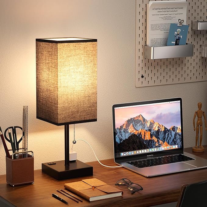 Plus Black Bedside Table Lamps Set of 2 - Bedroom Lamps with 3 Colors (3000K/5000K/4000K), Square Nightstand Lamp with USB C + A Charging Ports and 2 AC Outlets, Pull Chain Night Light for End Table - Bloomnest