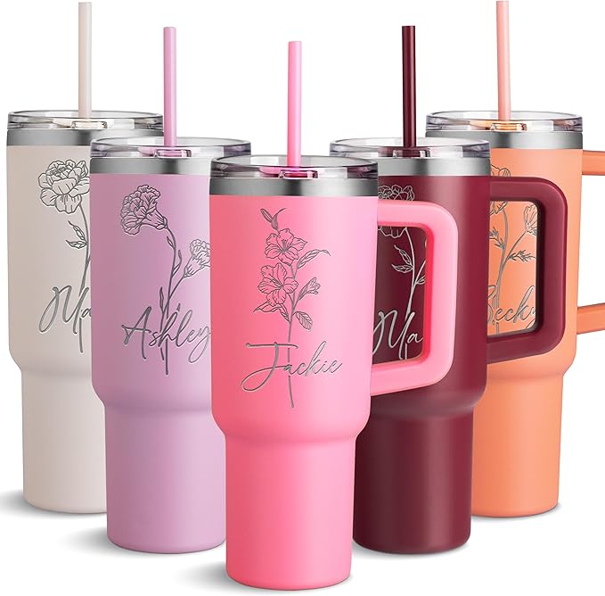 Personalized 40 Oz Stainless Steel Tumbler with Handle - Custom Birth Flower and Name, Insulated Travel Coffee Mug - Birthday Gifts for Women, Peony - Bloomnest