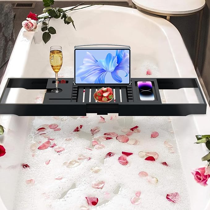 Luxury Bathtub Caddy Tray for Tub - Foldable Bamboo Bath Table Tray with Book and Wine Glass Holder, Expandable Bathroom Accessories for Spa or Reading Lite Style,Black - Bloomnest