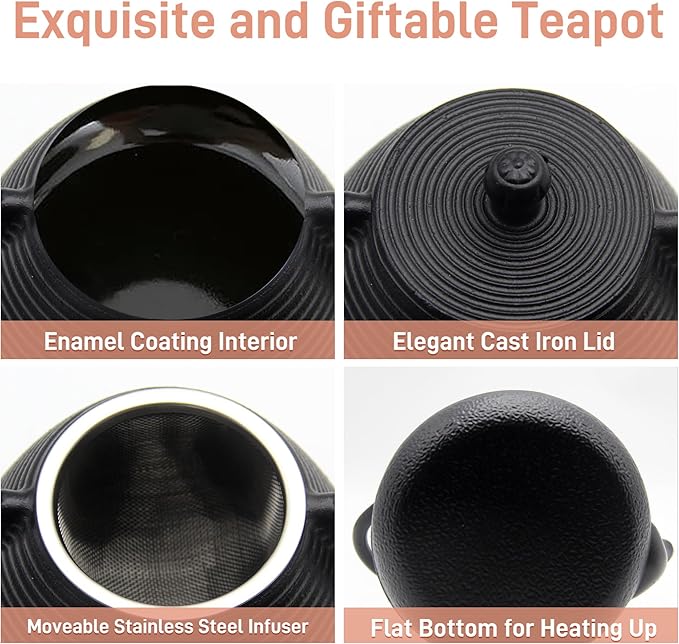20.3oz Small Cast Iron Teapot, SECHUDO Cast Iron Tea Kettle for Stovetop Safe Coated with Enameled Interior, Cast Iron Tea Pot with Stainless Steel Infuser for Loose Tea (Black Pinstripe Pattern)