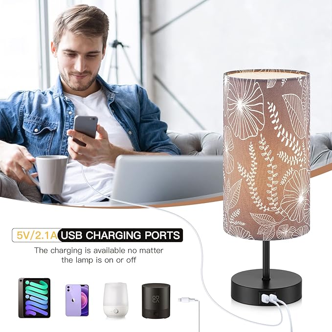 Touch Control Bedside Lamp with 2 USB Ports, 3-Way Dimmable Table lamp for Bedroom, Nightstand Lamp with Round Grey Fabric Shade for Living Room Home Office (E26 LED Bulb Included) - Bloomnest