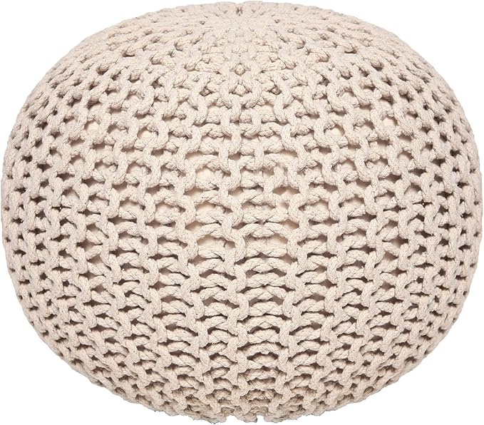 REDEARTH Round Pouf Ottoman - Cable Knitted Boho Poof - Home Décor Cord Pouffe Handmade Circular Footrest for Living Room - Bedroom - Kids Bedroom - 100% Cotton Pouf (18" x 18" x 14") - Ivory - Bloomnest