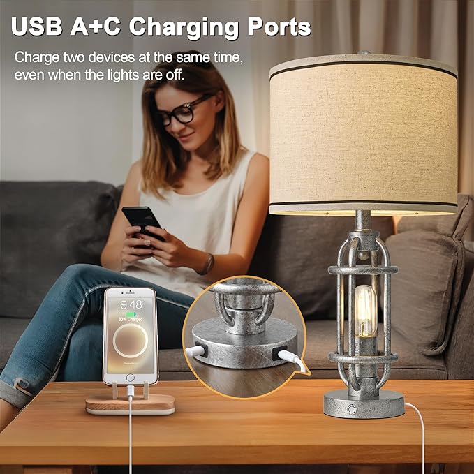 23.75'' Table Lamps Set of 2 for Living Room Bedroom Industrial Farmhouse Metal Touch Lamps with USB A+C Ports, Night Light Vintage Nightstand Bedside Lamp, Bulbs Included, Antique Silver - Bloomnest