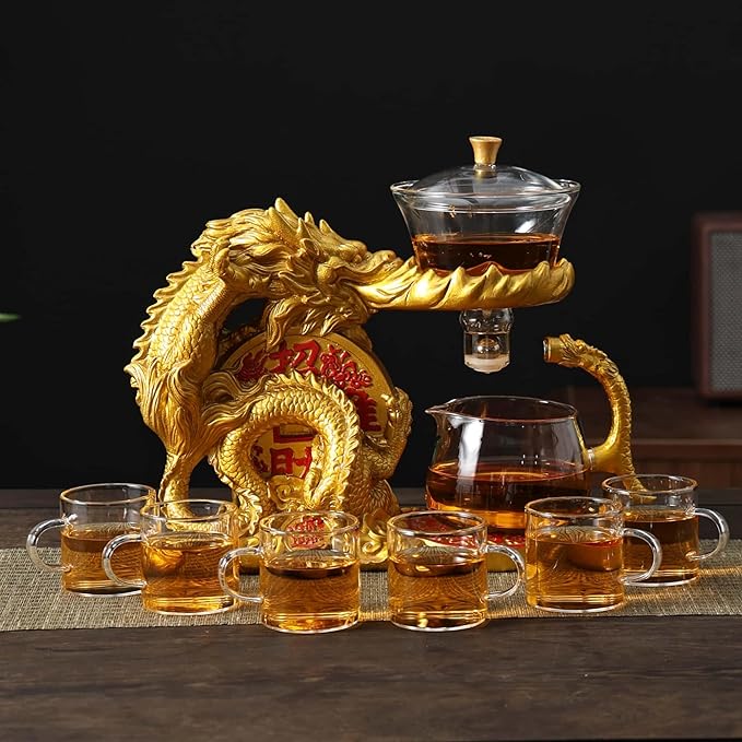 Glass Teapot Set with Infuser Semi Automatic Dragon Tea Set with 6 Small Cups (golden dragon-b) - Bloomnest