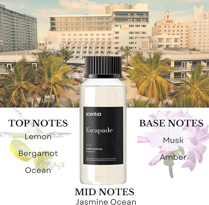 Scentia Hotel Diffuser Oil Inspired by 5-Star Hotel Scent - 120 mL 4.06 fl oz - Essential Oil Blend Botanical Jasmine, Bergamot & Fresh Marine Notes for Aromatherapy Diffusers - Escapade - Bloomnest