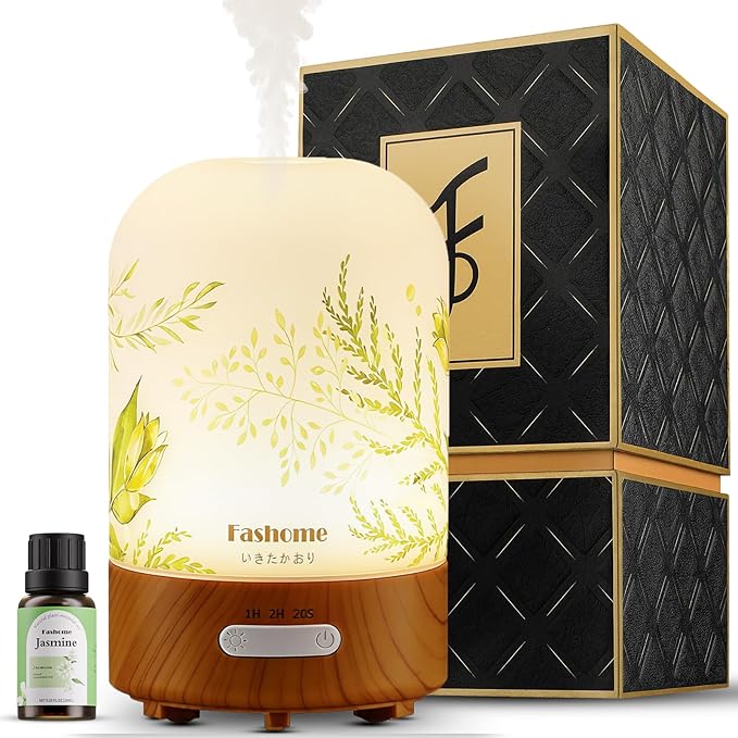 Essential Oil Diffuser Hand Blown Glass, 100ml Small Aromatherapy Diffuser, Auto Shut-Off Function, Ultrasonic Diffusers for Essential Oils, Cool Mist Humidifier with Warm White Lights (Jasmine) - Bloomnest