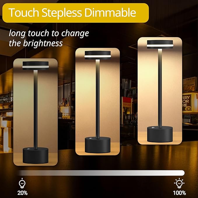 Cordless Table Lamp, Portable Rechargeable Bedside Lamp, Touch Stepless Dimmable Desk Lamp, for Home Bedroom Hotel Restaurant Bar Outdoor, 2 Set, Black - Bloomnest