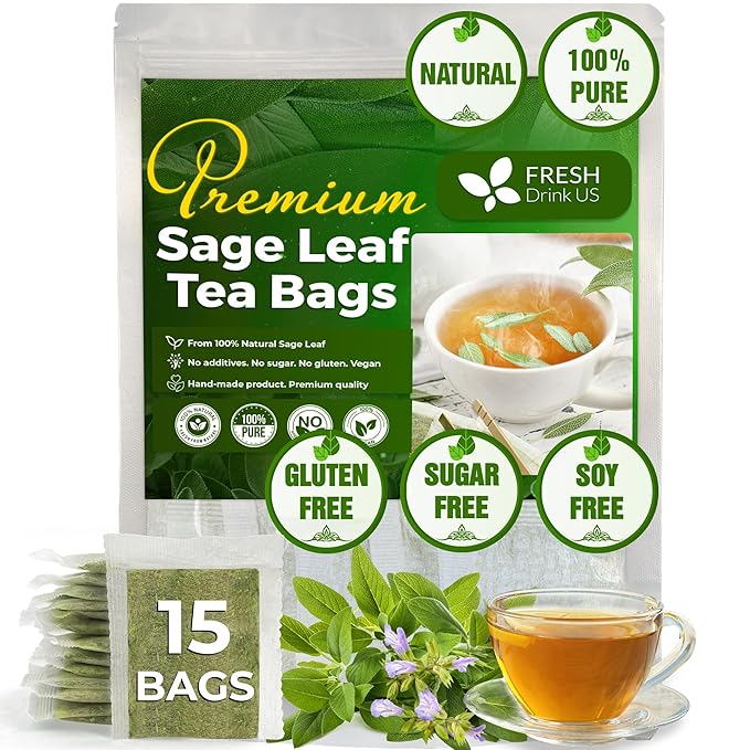FreshDrinkUS, Premium 15 Sage Leaf Tea Bags, 100% Natural & Pure from Sage Leaves. Loose Leaf Sage Herbal Tea. Made with Natural Material Tea Bags. No Sugar, No Caffeine, No Gluten, Vegan. - Bloomnest