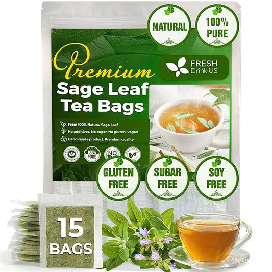 FreshDrinkUS, Premium 15 Sage Leaf Tea Bags, 100% Natural & Pure from Sage Leaves. Loose Leaf Sage Herbal Tea. Made with Natural Material Tea Bags. No Sugar, No Caffeine, No Gluten, Vegan. - Bloomnest