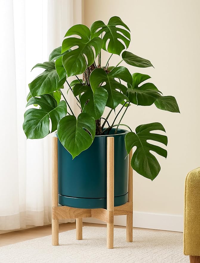 D'vine Dev Ceramic Planter with Natural Stand - 12 Inch Modern Round Flower Pot with Wood Planter Holder, Teal, 55-B-J-4 - Bloomnest