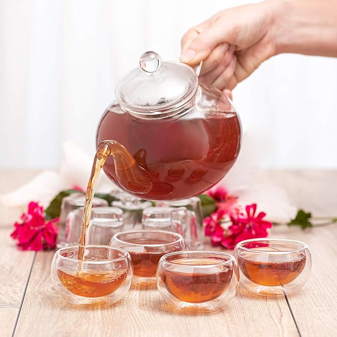 Moss & Stone Glass 27oz Tea Kettle Infuser & 4 Tea Cups Gift Set, Borosilicate Glass Teapot With Removable Glass Strainer & Teacups Of 2.7 oz, Teapot With Strainer Microwave Safe Tea Maker - Bloomnest