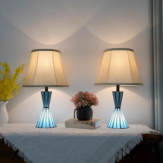 Blue Glass Table Lamps Set of 2 for Living Room 3-Way Dimmable Bedside Desk Lamps with 13 inches White Shade for Living Room Home Office - 2 LED Bulbs Included - Bloomnest
