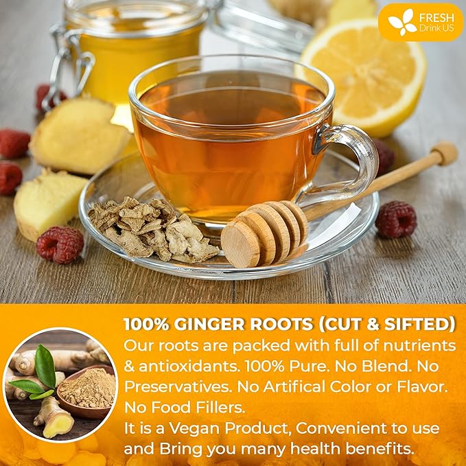 FreshDrinkUS, Premium 10oz Natural Ginger Roots, Cut and Sifted, 100% Natural & Pure from Ginger Roots, Ginger Tea, Ginger Loose Herbal Tea, No Additives, No Caffeine, Vegan - Bloomnest