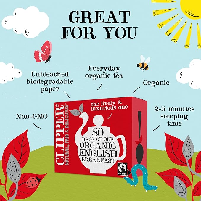Clipper Tea, English Breakfast Assam Blend, Fairtrade, Organic, Plant-Based, Caffeinated British Tea, 4 Pack, 320 Unbleached Tea Bags - Bloomnest