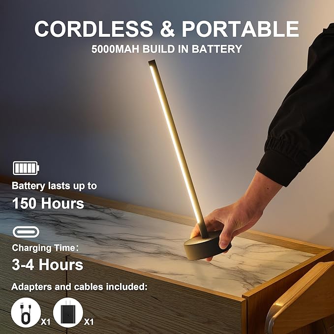 Cordless LED Table Lamp, Battery Operated Portable Desk Lamp,Dimmable/3 Color/Memory Function,Modern Rechargeable Table Light for Living Room,Bedroom,Bedside,Black - Bloomnest