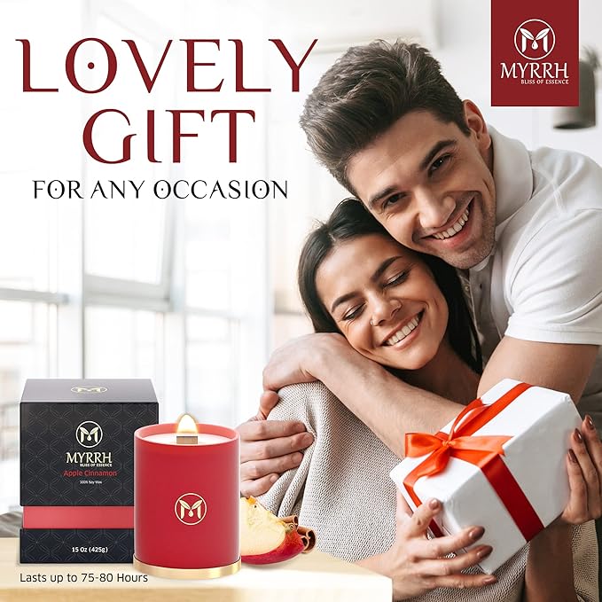 MyrrhUSA Apple Cinnamon Scented Candle – 15 oz Natural Soy Wax with Crackling Wooden Wick & Essential Oil | 80 Hour Burn | Luxury Aromatherapy Candle for Relaxation, Home Décor, Living Room & Bathroom - Bloomnest