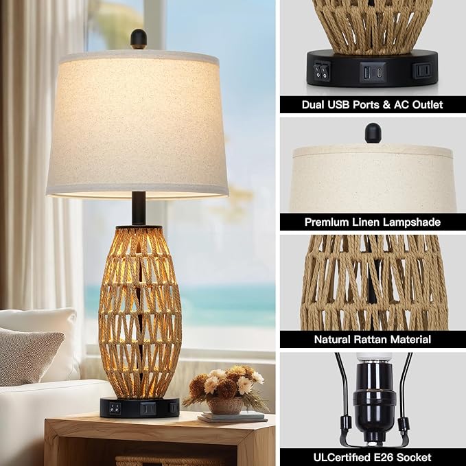 27" Boho Rattan Table Lamp with Night Light, Wicker Bedside Lamp with USB A+C Charging Port & AC Outlet, Woven Coastal Bedroom Lamps for Nightstand, Tall Farmhouse Lamps for Living Room Single - Bloomnest