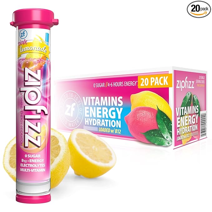 Zipfizz Daily Energy Drink Powder, Pink Lemonade, 20 Pack | 3-in-1 Sustained Energy, Rapid Hydration, and Essential Vitamins | Sugar-Free | Electrolyte Powder | Contains Vitamin B-12 & Antioxidants - Bloomnest