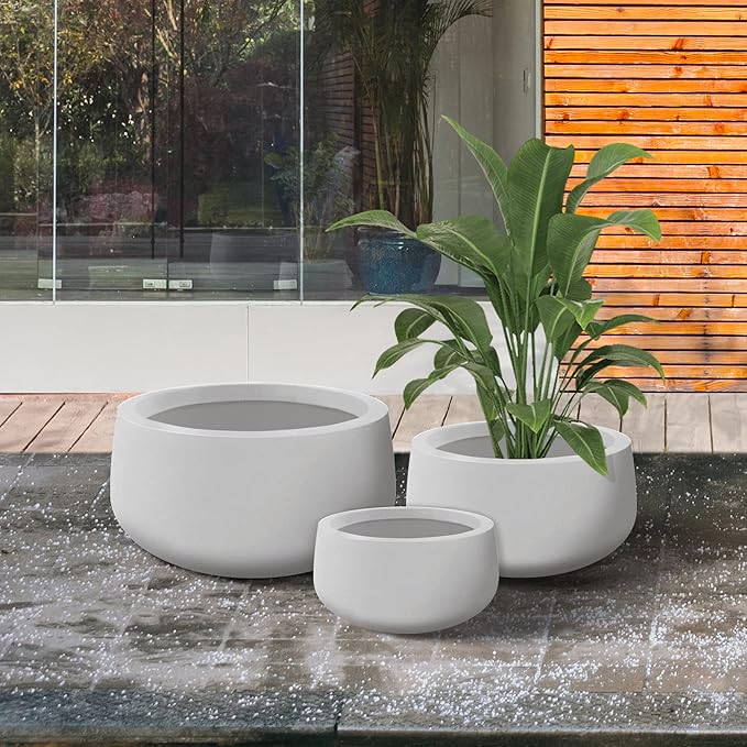 Kante 19.6",15.7",11.8" Dia Round Concrete Planters Set of 3, Outdoor Indoor Garden Plant Pots with Drainage Hole and Rubber Plug, Modern Curvaceous Design, Pure White - Bloomnest