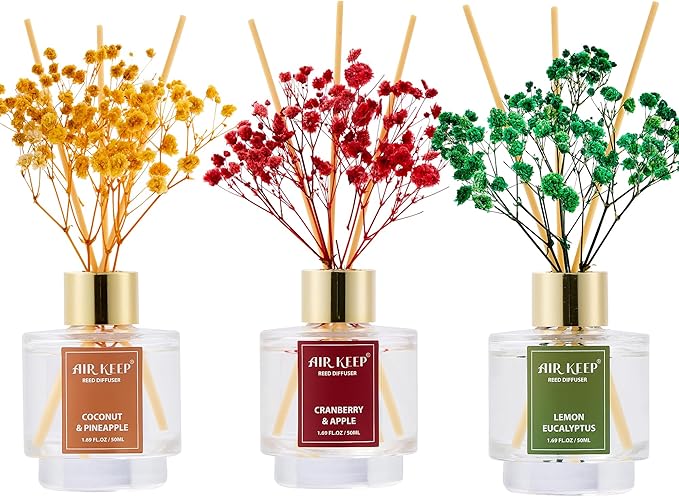 Airkeep Reed Diffuser Set of 3, Coconut Pineapple Lemon Eucalyptus Cranberry Apple Oil Reed Diffusers for Bedroom Living Room Office Aromatherapy Oil Reed Diffuser for Gift 50ml x 3 - Bloomnest