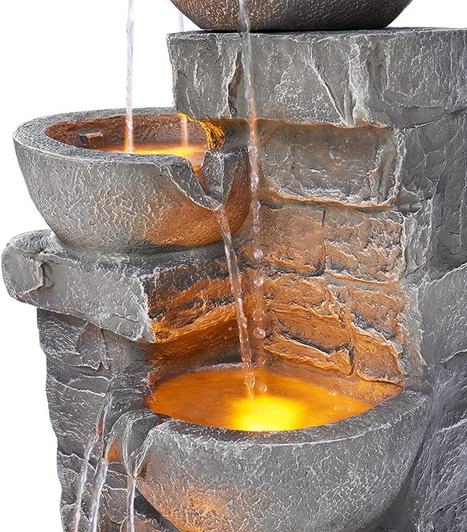 Teamson Home 33.25 in. Cascading Bowls and Stacked Stones LED Outdoor Water Fountain for Gardens, Landscaping, Patios, Balconies, and Lawns for a Calming Oasis in Outdoor Living Spaces, Stone Gray - Bloomnest