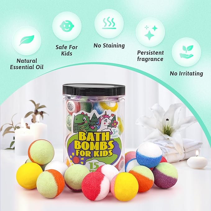 Bath Bombs for Kids with Surprise Inside, 15-Piece Surprise Bath Bombs for Kids, Jar Gift Set with Hidden Toys, Natural Organic Fizzies for Girls and Boys - Bloomnest