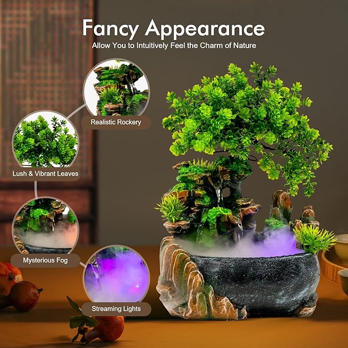 Water Fountains Indoor Tabletop Fountains Indoor Relaxation Desktop Fountain Waterfall, Desktop Fountain with LED Lights & Atomizer, Waterfall Fountain Tabletop Decor Desktop Fountains