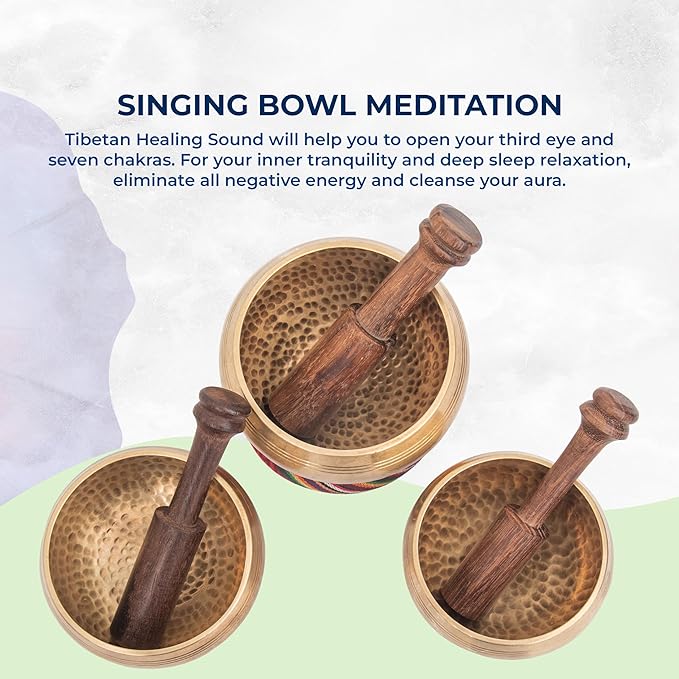 Tibetan Singing Bowl Set-Authentic Cuencos Tibetanos for Sound Healing, Meditation & Chakra Balancing - Includes Cushion, Mallet-Unique Spiritual Gifts for Women and Men (3 Chakra Bowl Set) LNYSI