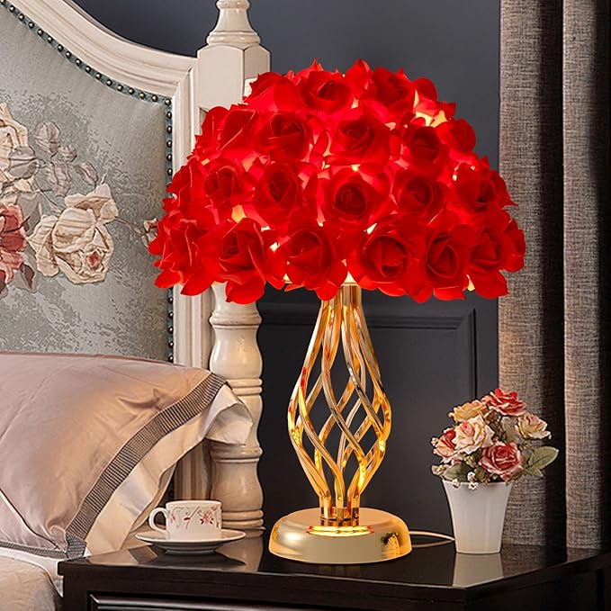 Red Rose Flowers Lamp Artificial Flower Table Lamp Bouquet Desk Lamp Romantic Princess Nightstand Petal Light for Valentines Mother's Day Bedside Lamp Wedding Deco Party Home Bedroom - Bloomnest