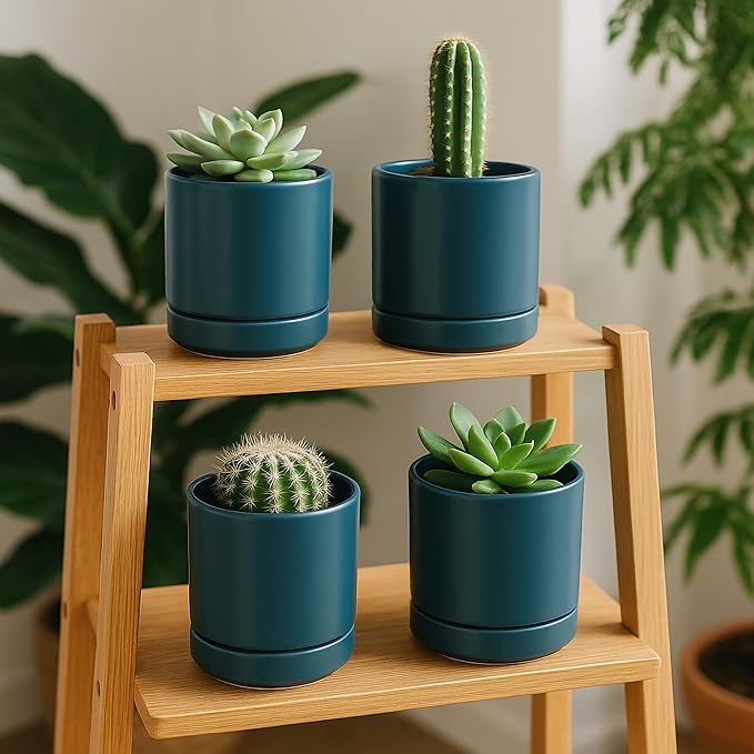 D'vine Dev Set of 2 Plants Pots, 4.7 Inch Ceramic Planter Pot for Plants with Drainage Hole and Saucer, Teal, 94-V-B-9 - Bloomnest