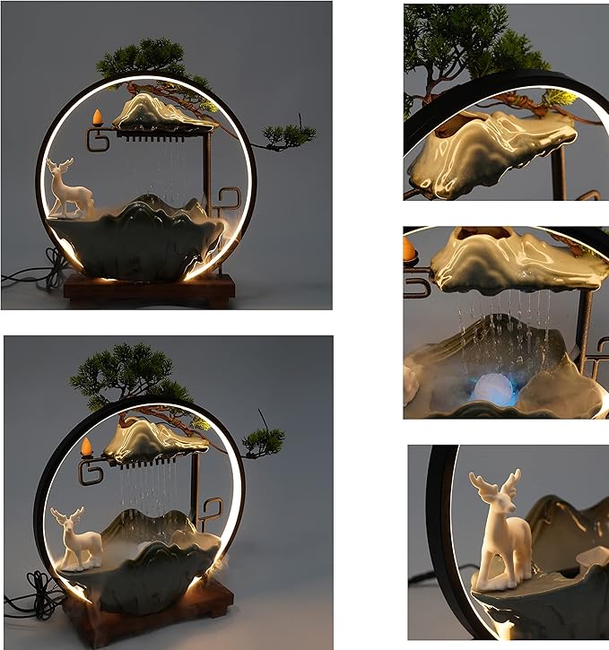 15In Water Fountains Indoor Tabletop Waterfall Humidifier with LED Light and Atomizer Mist, Japanese Zen Decor Meditation Fake Plants Bonsai Feng Shui Decor Festival Birthday surprise Good Luck Wealth - Bloomnest