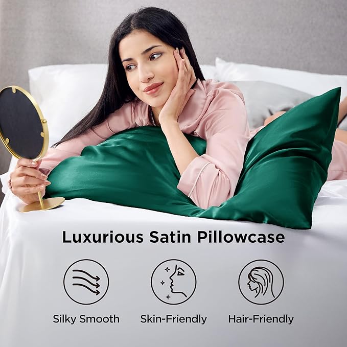 Bedsure Satin Pillowcases, Similar to Silk Pillow Cases Queen Size Set of 2, Pillow Case for Sleeping Women with Envelope Closure, Gifts for Women Men, Dark Green, 20x30 Inches, 2pcs - Bloomnest