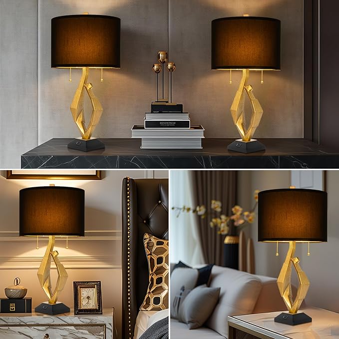 Sculptural Table Lamp Set of 2 with USB Ports For Living Room, Gold Leaf Finish Farmhouse Bedside Lamps with S Cluster Pull Chains Switch for Bedroom, Rustic Nightstand Lamp for Office, Hotel, Bar - Bloomnest
