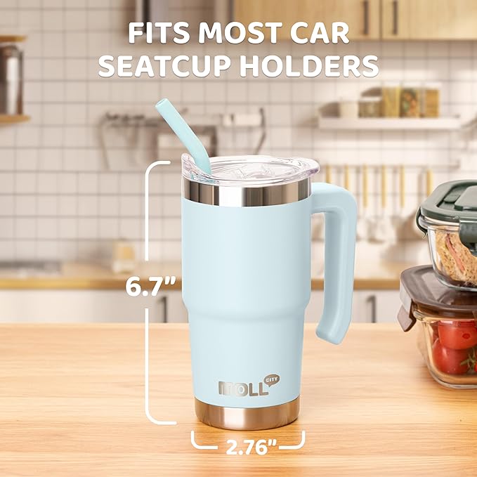 Travel Coffee Mug with Handle 16 oz Stainless Steel Double Wall Vacuum Insulated Tumbler Cup with Lid and Straw (Baby Blue) - Bloomnest