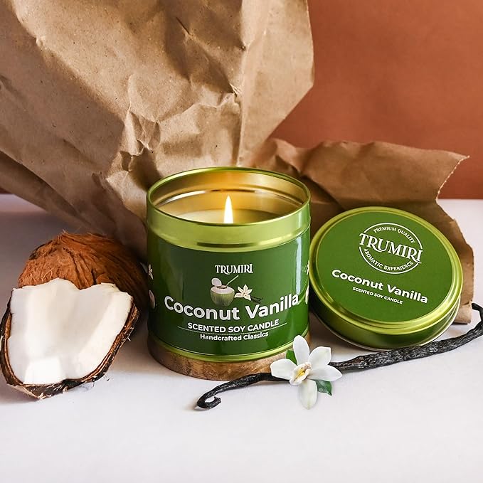 Coconut Vanilla - Aromatherapy Candles for Home Scented - 5oz Natural Soy Wax Clean Organic Non Toxic - Long Lasting Highly Scented with Essential Oils - Gifts for Women Relaxing Spa Beach Bathroom TRUMIRI