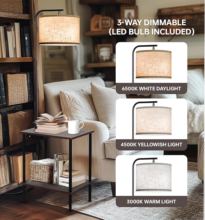 Floor Lamp with Table, End Table Lamp with USB Charging Port Power Outlet and Shelves, Side Table Reading Light with 3 Color Temperature Led Bulb Included, Floor Lamps for Living Room, Walnut - Bloomnest