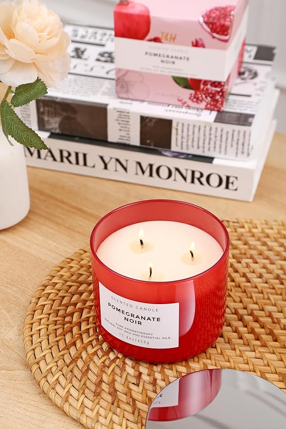 Pomegranate Noir Vanilla 3 Wick Candle | Highly Scented Natural Soy Candle 15.8 oz | Aromatherapy Stress Relief Candle Long Lasting & Clean Burn | Luxury Relaxing Gift for Home, Women & Men - Bloomnest