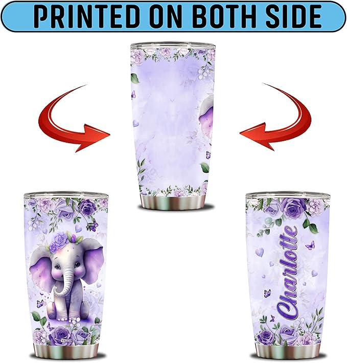 Personalized Elephant Tumbler Customized Name Elephants Mug Gift Mugs Funny Gifts For Adults Purple Flowers Cups 20oz Insulated Stainless Steel Coffee Cup With Lid - Bloomnest