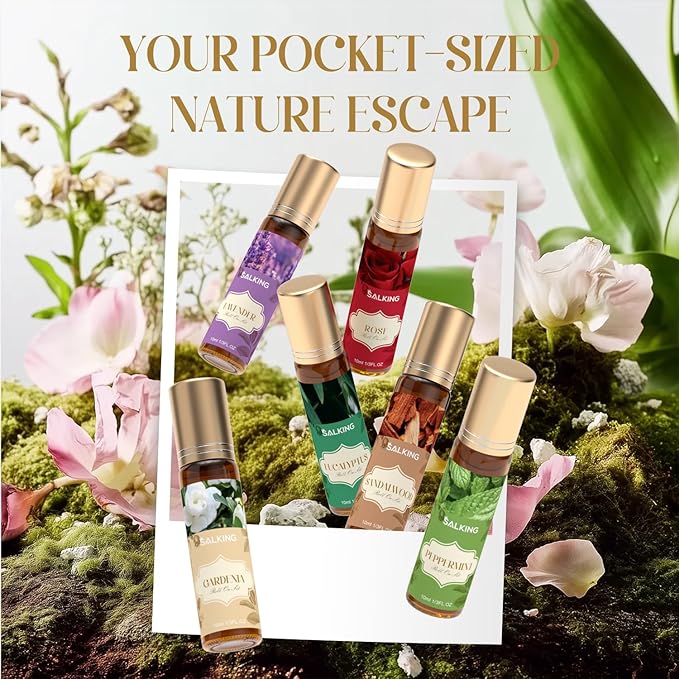 SALKING Essential Oils Roll On Set (6 Pack), Aromatherapy Oil with Roller Ball for Skin Use, Natural Fragrance Gift for Women and Men - Sandalwood, Eucalyptus, Peppermint, Lavender, Rose, Gardenia - Bloomnest