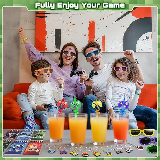 Video Game Party Favors for Kids: Pixel Theme Goodie Bags Stuffers Birthday Party Supplies, Bracelets, Keychain, Sunglasses, Notepads, Stickers, Gift Bags Serves 12 Boy Girl Birthday Party Decorations - Bloomnest