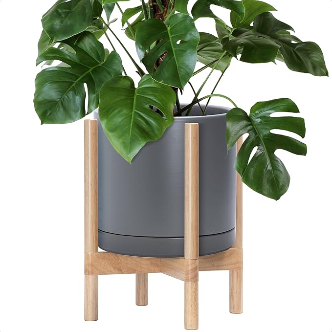 D'vine Dev Ceramic Planter with Natural Stand - 12 Inch Modern Round Flower Pot with Wood Planter Holder, Grey, 55-B-J-3 - Bloomnest