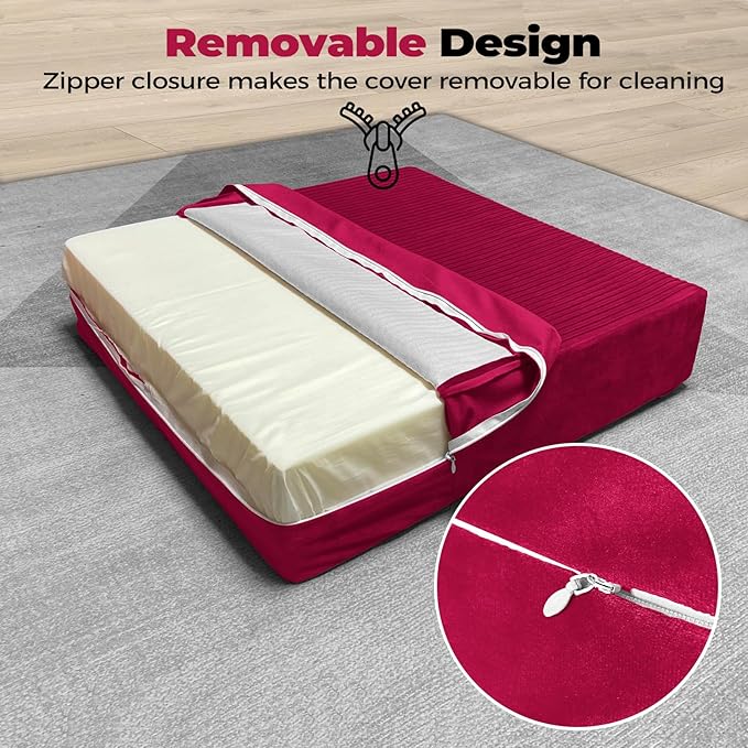 Large Floor Pillows for Adults, Thick Meditation Floor Cushions for Sitting Yoga, 22x22x5 Foam Seat Cushions Set of 2 for Furniture, Floor Pillow with Pleated Velvet Removable Cover, Burgundy