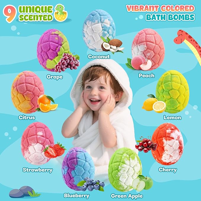 Dinosaur Bath Bombs for Kids with Surprise Inside, Christmas Stocking Stuffers for Kids, 9 Pack Bath Bombs Gift Set, Natural Organic Kid Bubble Bath Fizzy for Girls Boys with Bath Toys Inside - Bloomnest